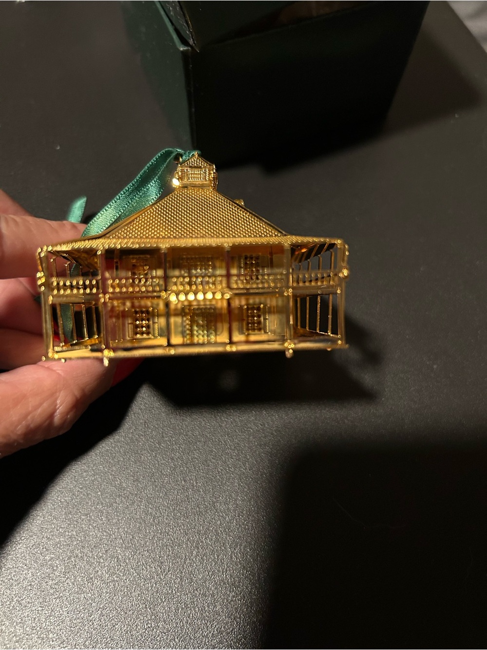 Masters Brass and Gold Clubhouse Holiday Ornament with Green Ribbon